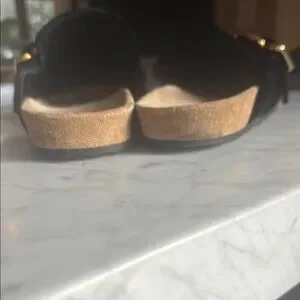 Prada Black Suede Clogs with Gold Buckles